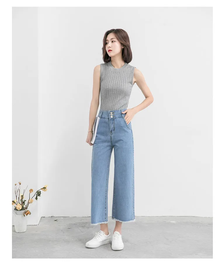 High Waist Wide Leg Denim Pants Women Summer Ankle-Length Pants Straight Loose Korean Slim Look Casual Pants