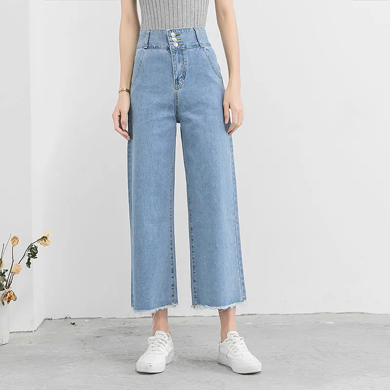 High Waist Wide Leg Denim Pants Women Summer Ankle-Length Pants Straight Loose Korean Slim Look Casual Pants