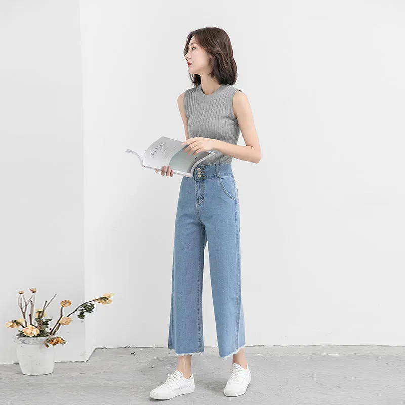 High Waist Wide Leg Denim Pants Women Summer Ankle-Length Pants Straight Loose Korean Slim Look Casual Pants