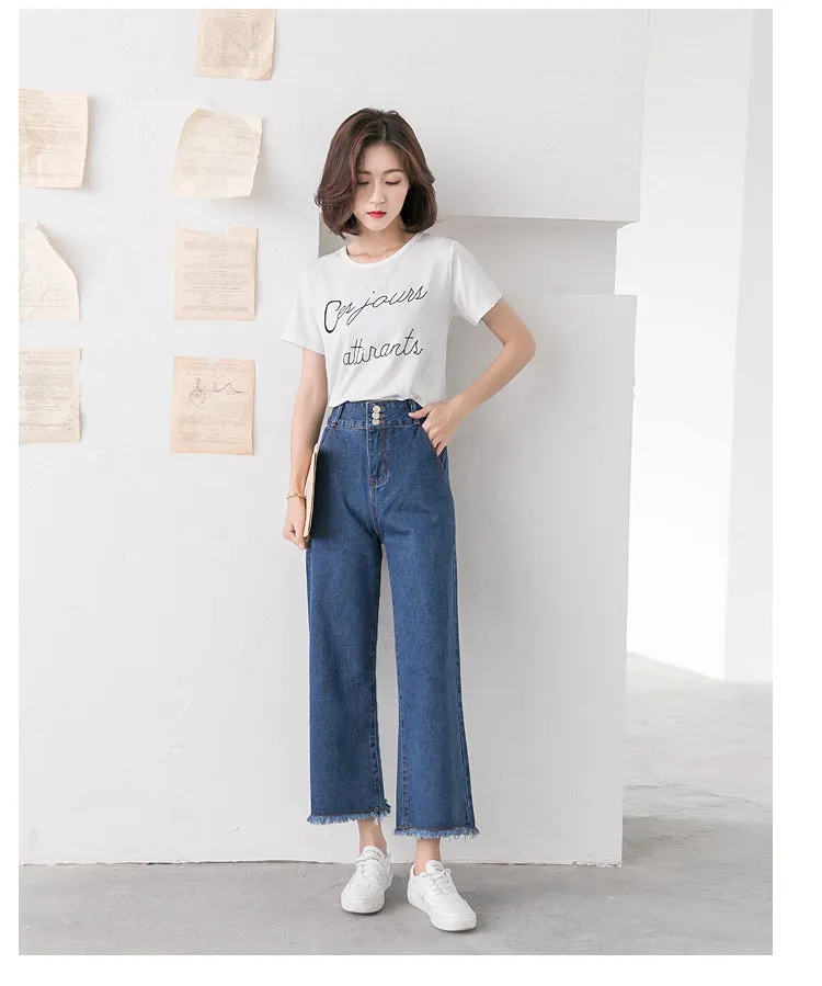 High Waist Wide Leg Denim Pants Women Summer Ankle-Length Pants Straight Loose Korean Slim Look Casual Pants