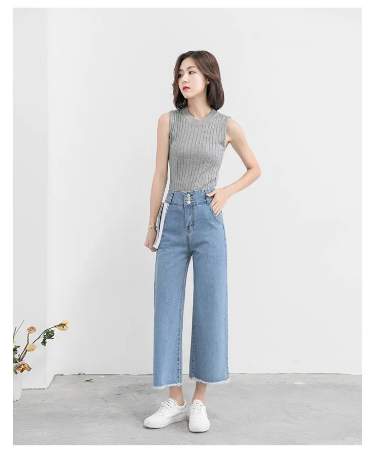 High Waist Wide Leg Denim Pants Women Summer Ankle-Length Pants Straight Loose Korean Slim Look Casual Pants