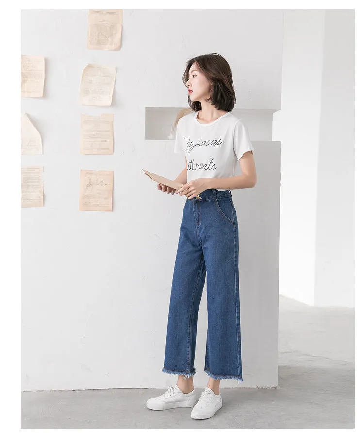 High Waist Wide Leg Denim Pants Women Summer Ankle-Length Pants Straight Loose Korean Slim Look Casual Pants