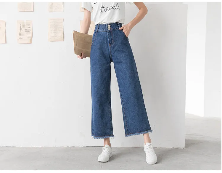 High Waist Wide Leg Denim Pants Women Summer Ankle-Length Pants Straight Loose Korean Slim Look Casual Pants