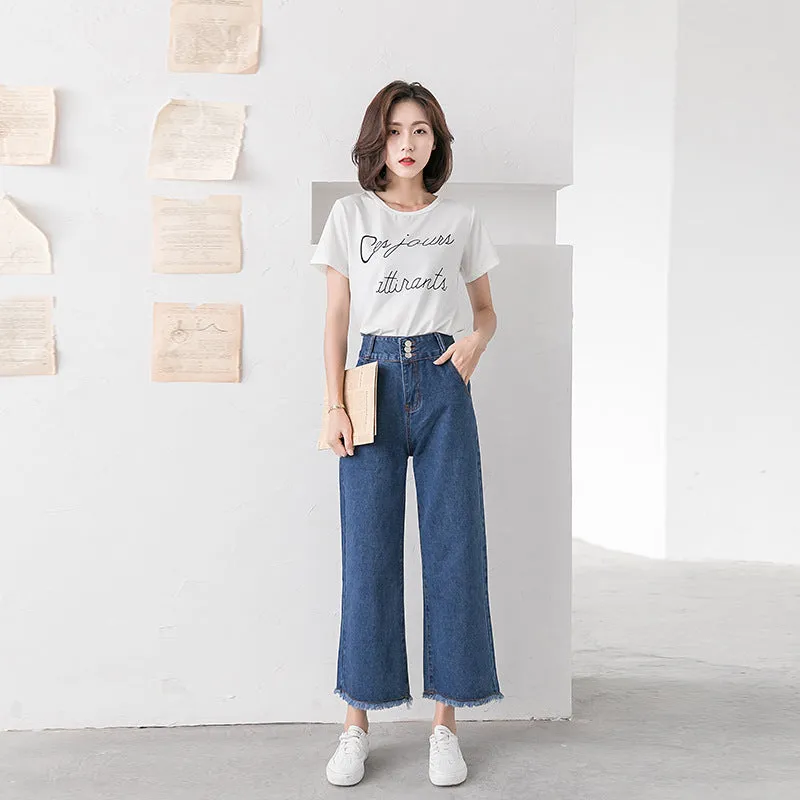 High Waist Wide Leg Denim Pants Women Summer Ankle-Length Pants Straight Loose Korean Slim Look Casual Pants