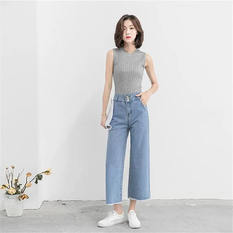 High Waist Wide Leg Denim Pants Women Summer Ankle-Length Pants Straight Loose Korean Slim Look Casual Pants