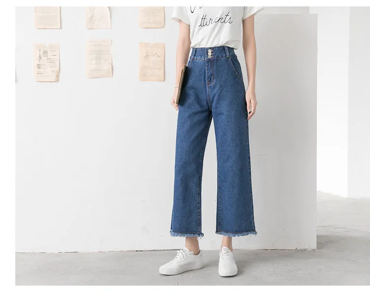 High Waist Wide Leg Denim Pants Women Summer Ankle-Length Pants Straight Loose Korean Slim Look Casual Pants