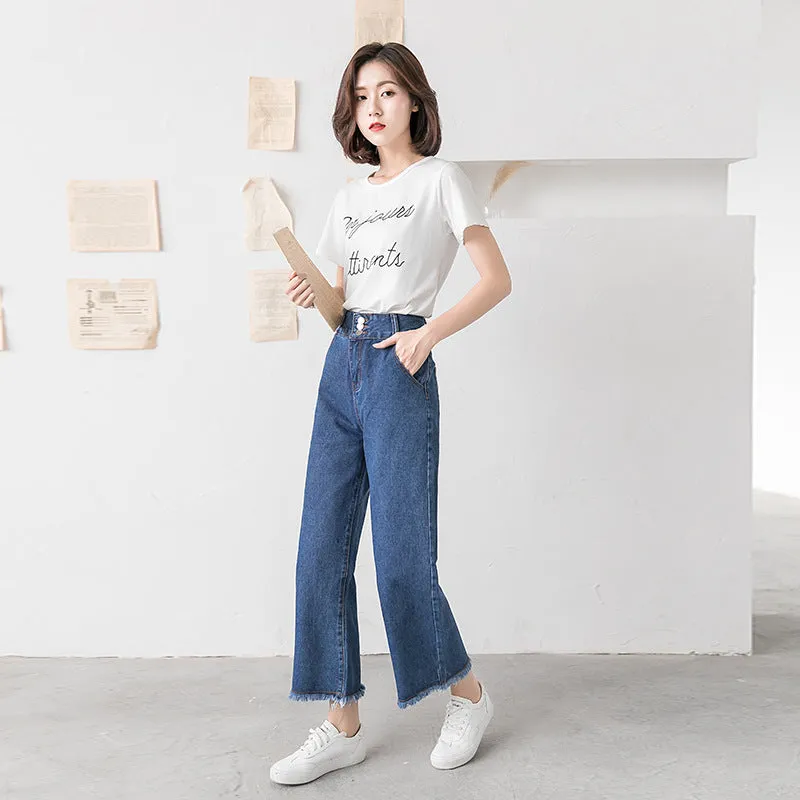 High Waist Wide Leg Denim Pants Women Summer Ankle-Length Pants Straight Loose Korean Slim Look Casual Pants