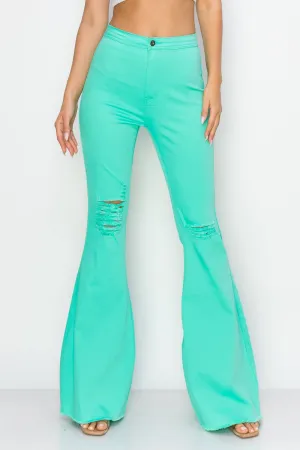 High Waisted Mint Color Distressed Bell Bottoms