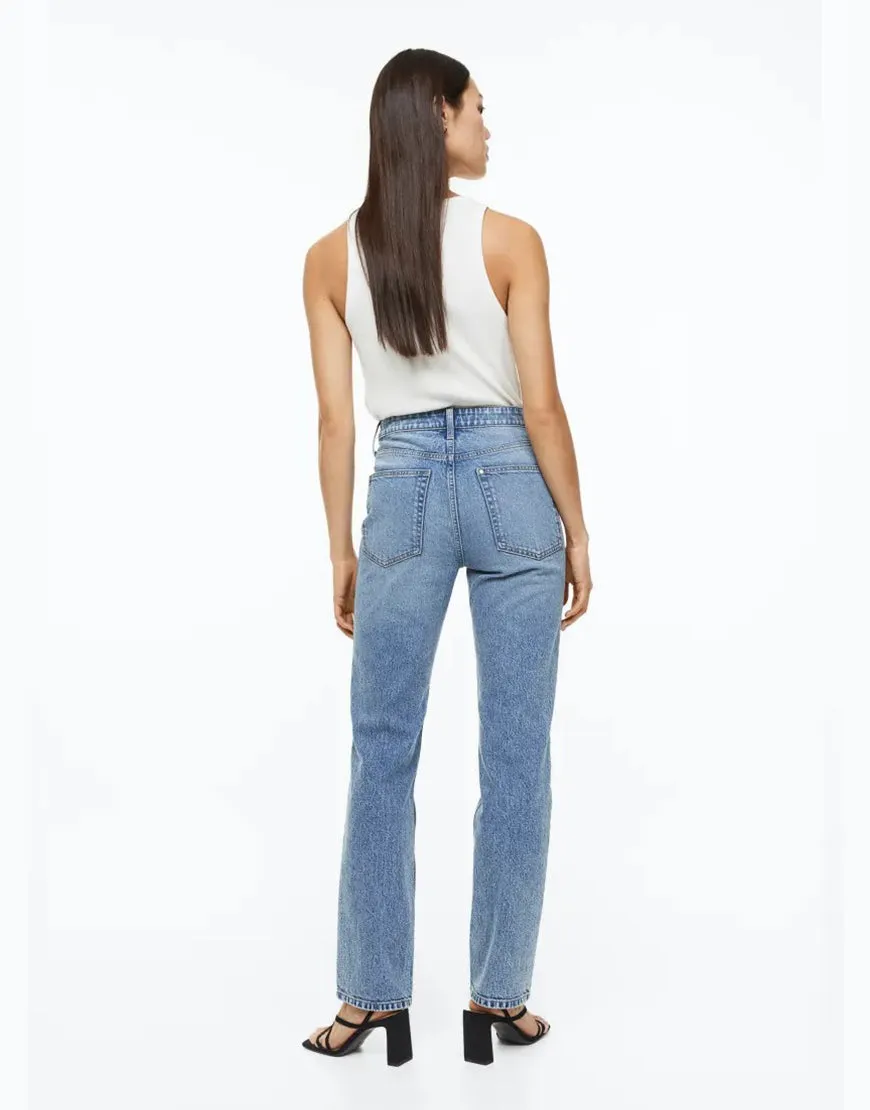 HM High Rise Straight Leg Jeans Dark Blue