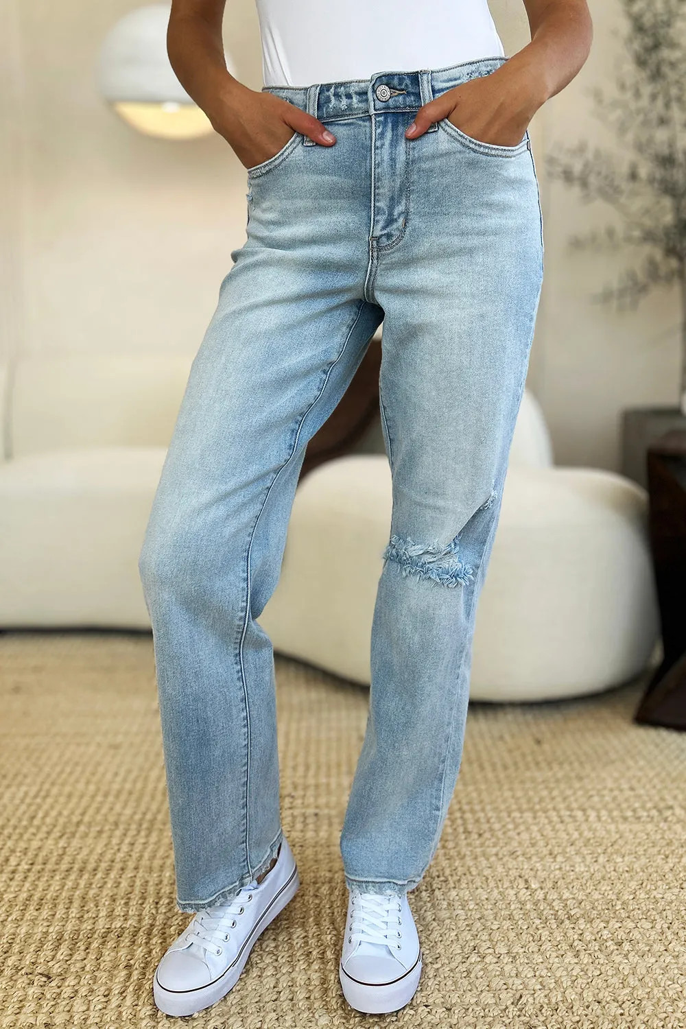 Judy Blue Full-Size High-Waist Distressed Straight Jeans