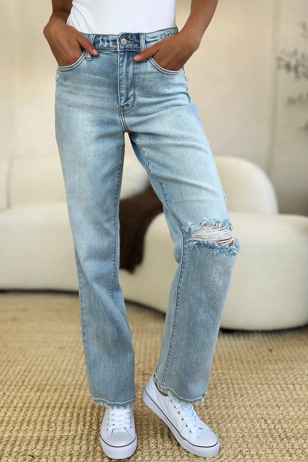 Judy Blue Full-Size High-Waist Distressed Straight Jeans