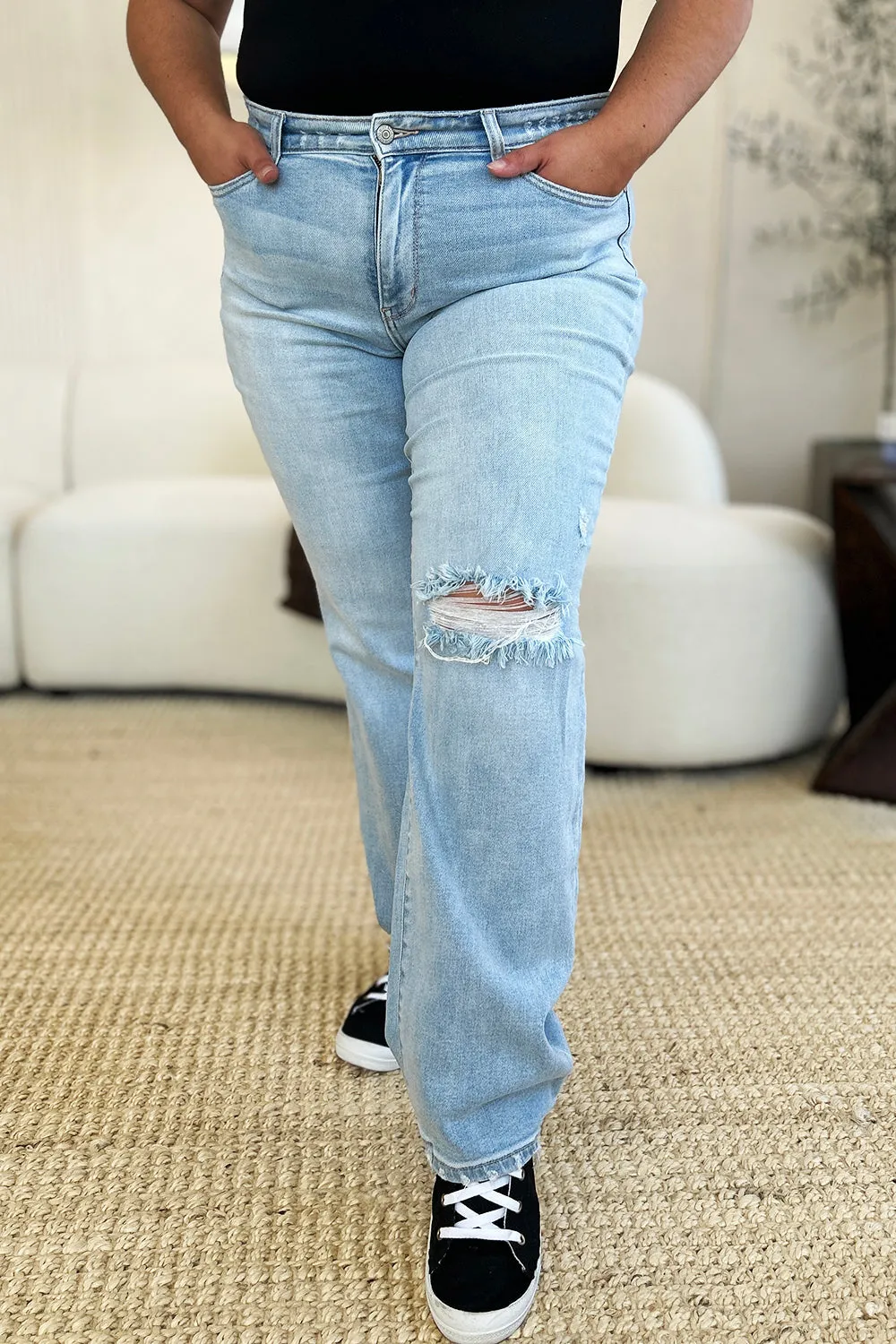 Judy Blue Full-Size High-Waist Distressed Straight Jeans