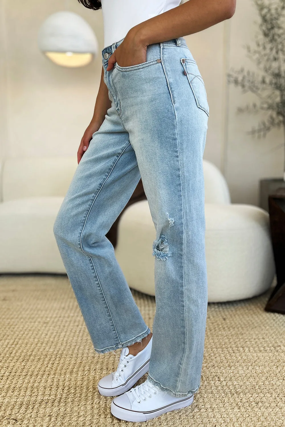 Judy Blue Full-Size High-Waist Distressed Straight Jeans