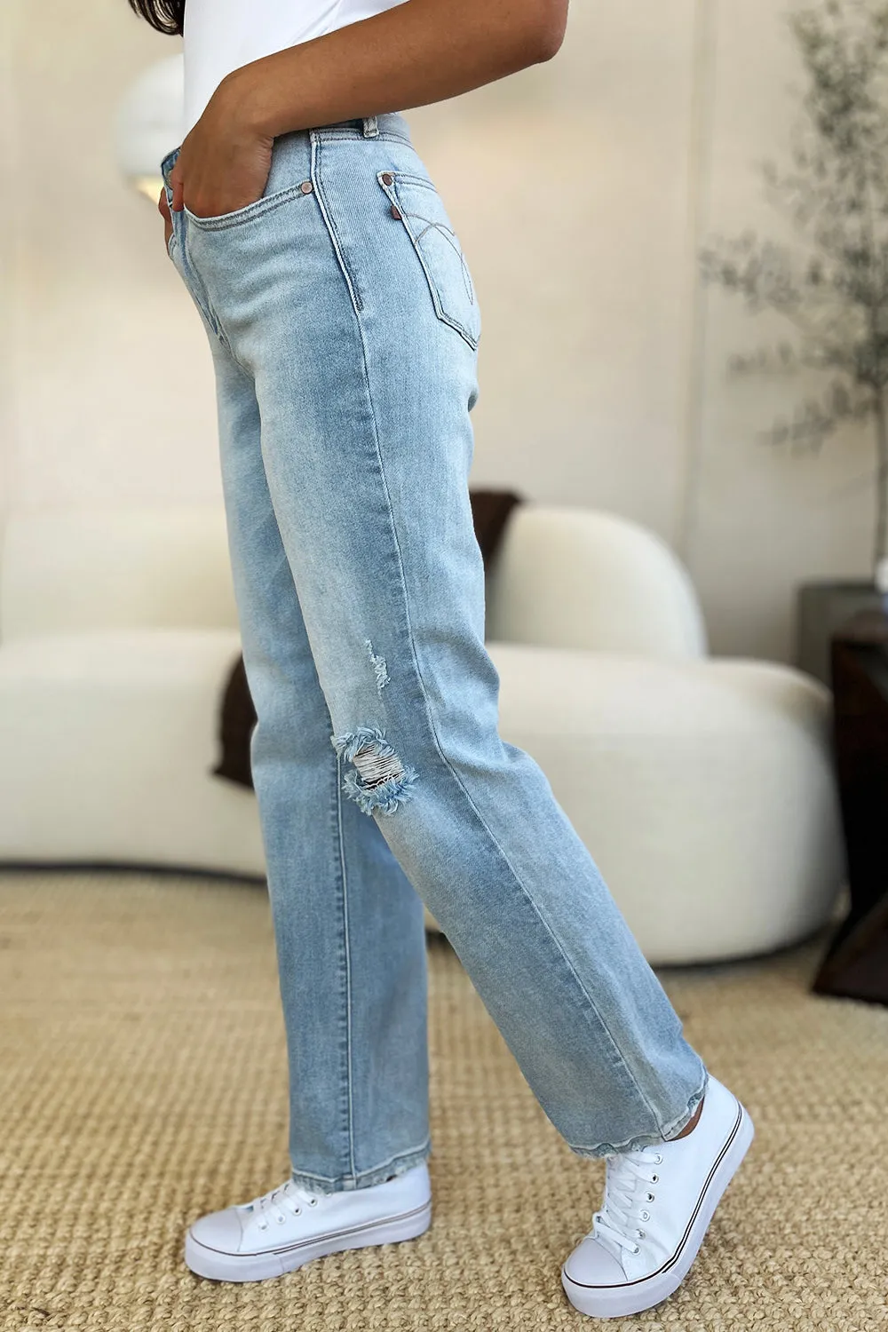 Judy Blue Full-Size High-Waist Distressed Straight Jeans