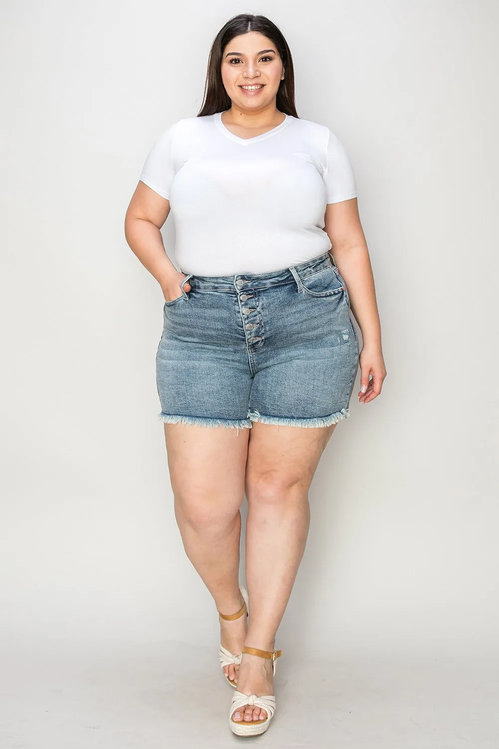 Judy Blue, High-Waist Faded Blue Cut-Off Jeans Shorts