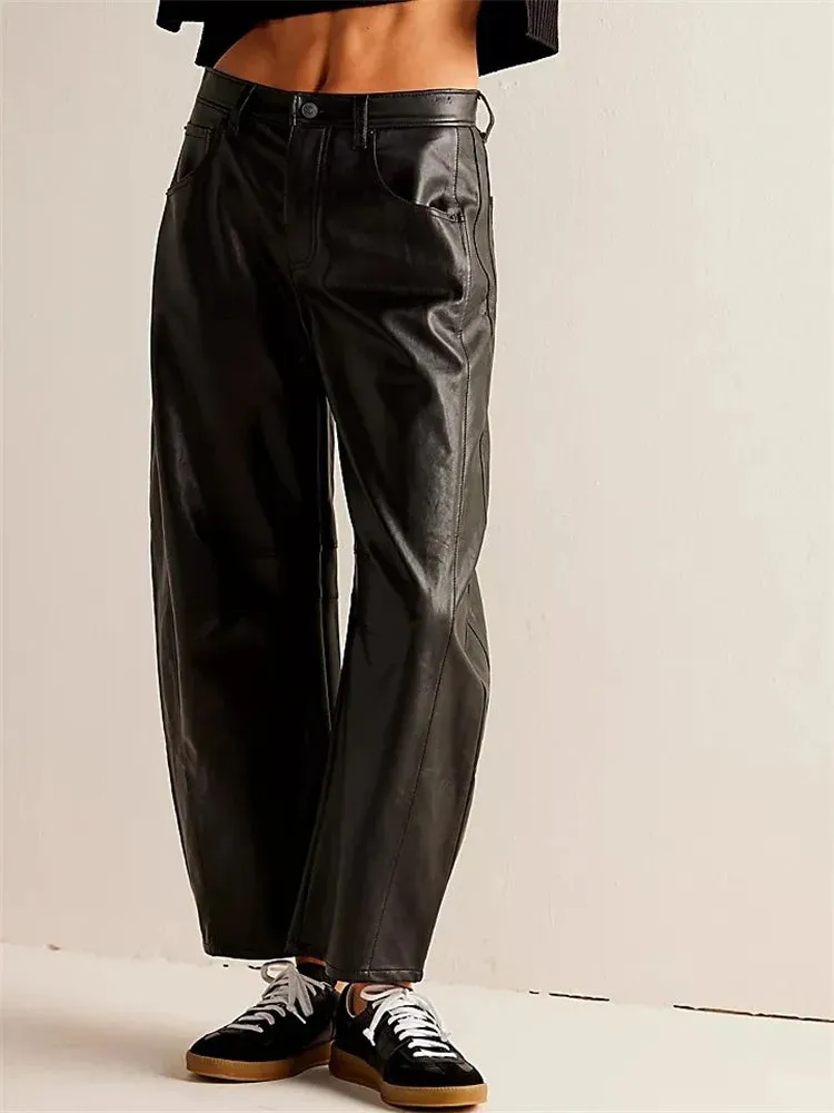 JuliaFashion - Loose PU Leather Wide Leg with Pockets Pants