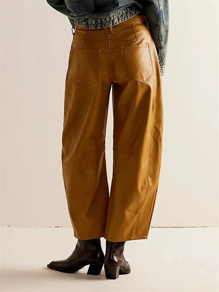 JuliaFashion - Loose PU Leather Wide Leg with Pockets Pants