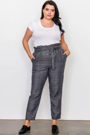 Junior Plus Size Grey Plaid Print Frill Waist Belted Pants /3-2-1