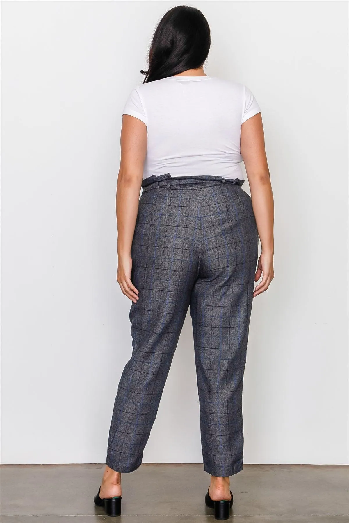 Junior Plus Size Grey Plaid Print Frill Waist Belted Pants /3-2-1