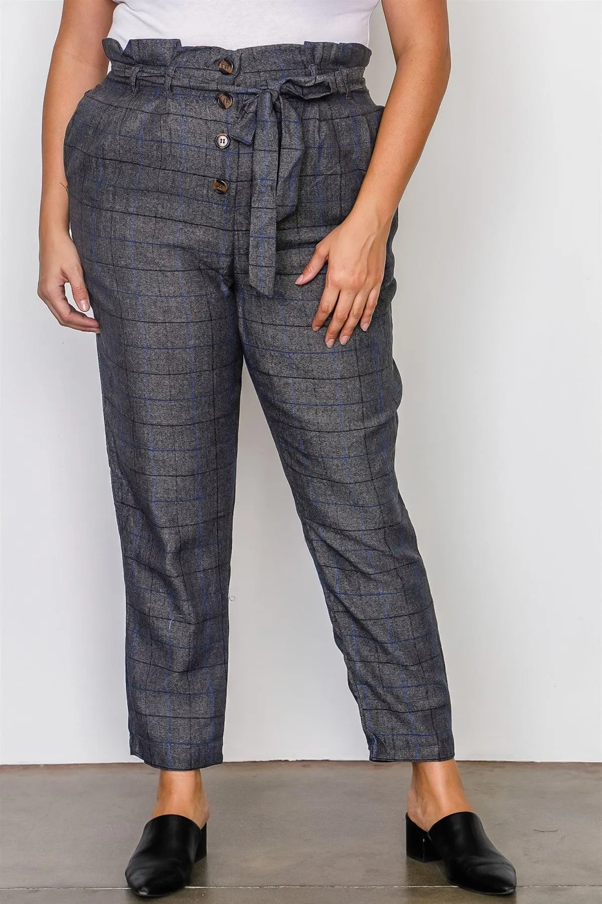 Junior Plus Size Grey Plaid Print Frill Waist Belted Pants /3-2-1