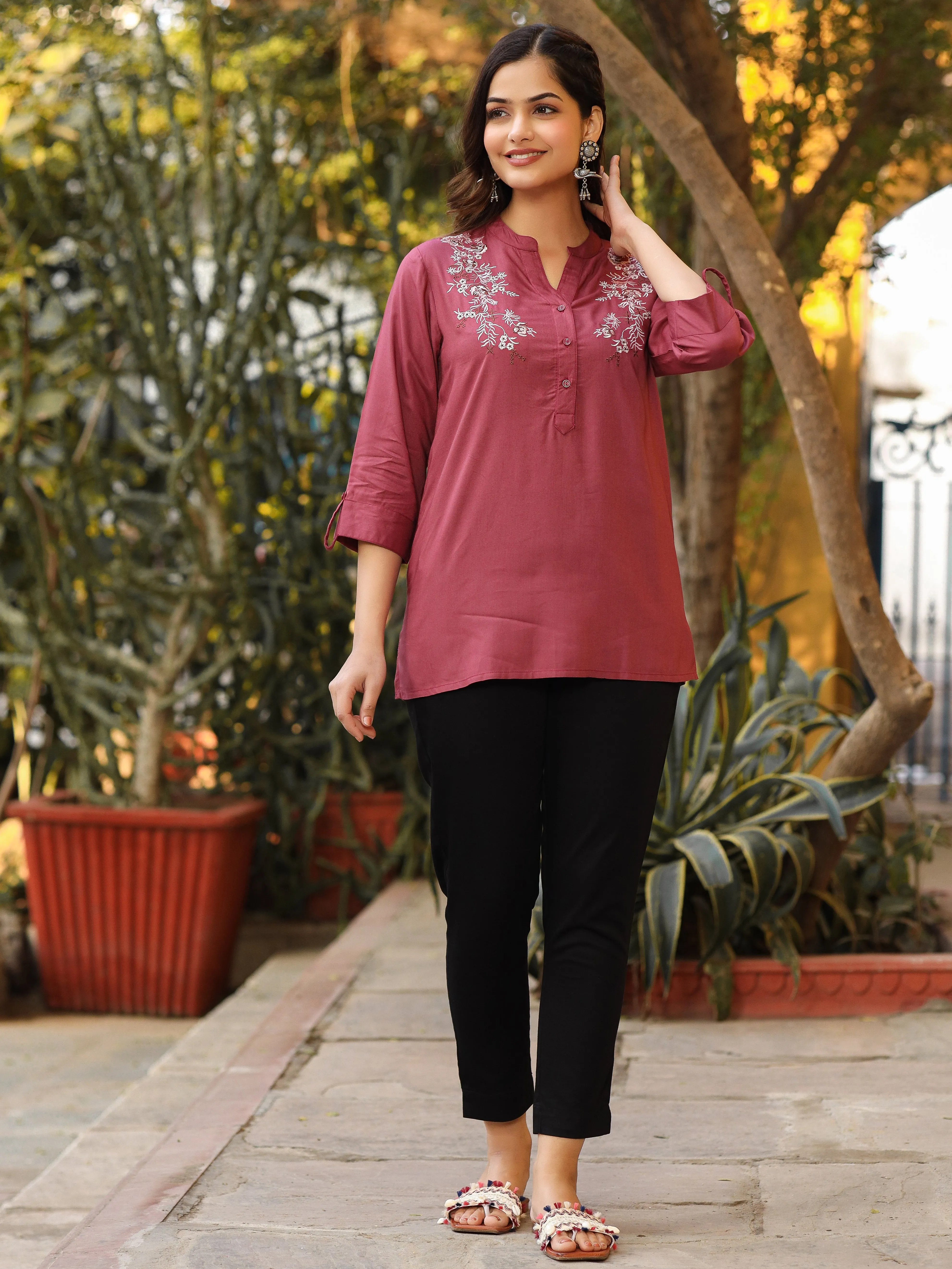 Juniper Onion Pink Modal Rayon Embroidered Tunic