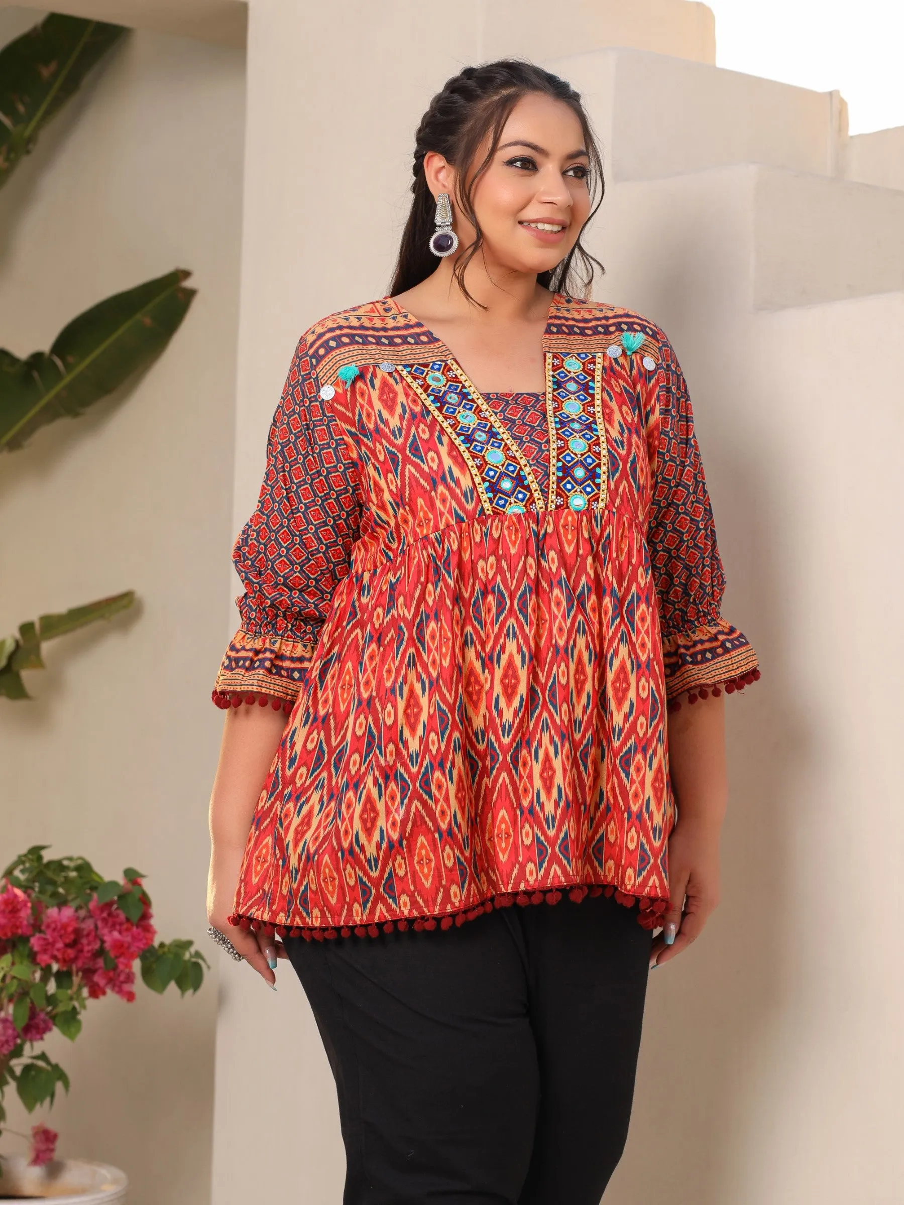 Juniper Orange Ikat Printed Peplum Cotton Plus Size Tunic With Mirror Work & Lace