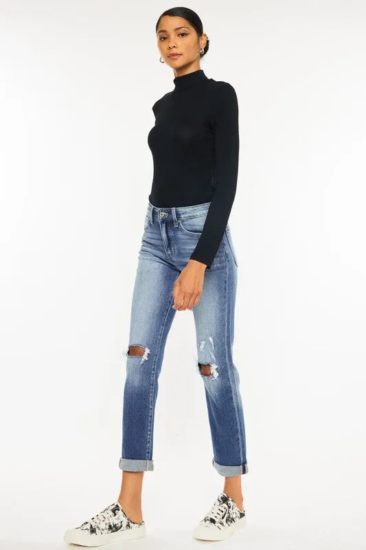 Kan Can High Rise Hem Detail Slim Straight Jeans