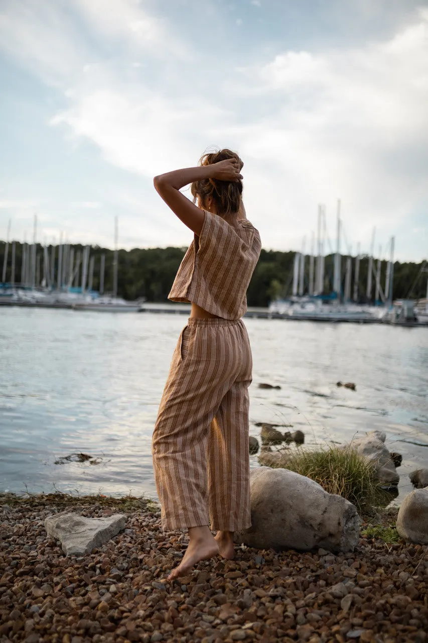 Katie Handwoven Cotton Set in Mustard and Cream Stripe - M Pants and XL Set