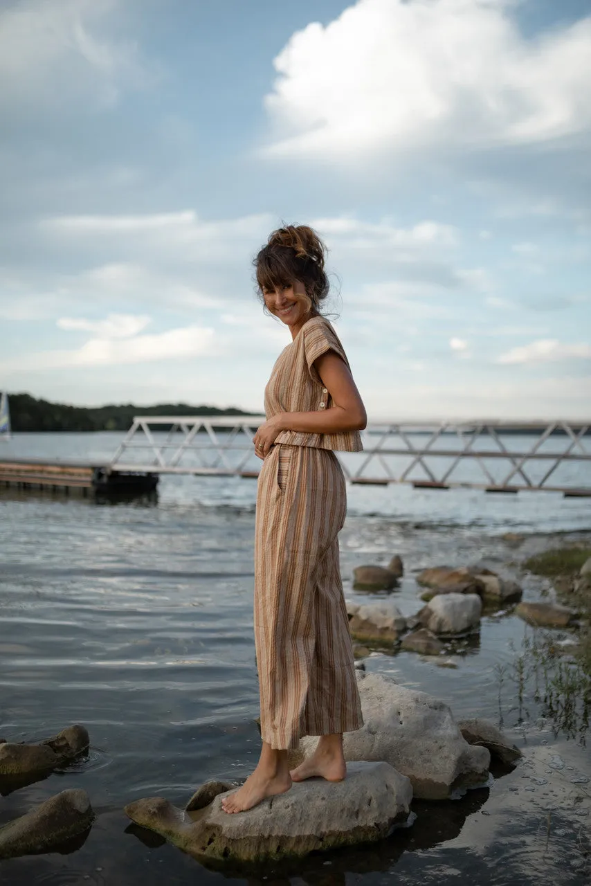 Katie Handwoven Cotton Set in Mustard and Cream Stripe - M Pants and XL Set