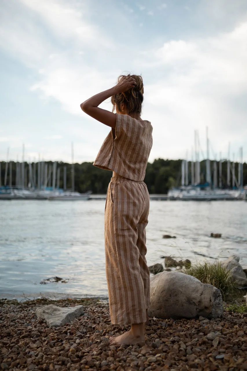 Katie Handwoven Cotton Set in Mustard and Cream Stripe - M Pants and XL Set