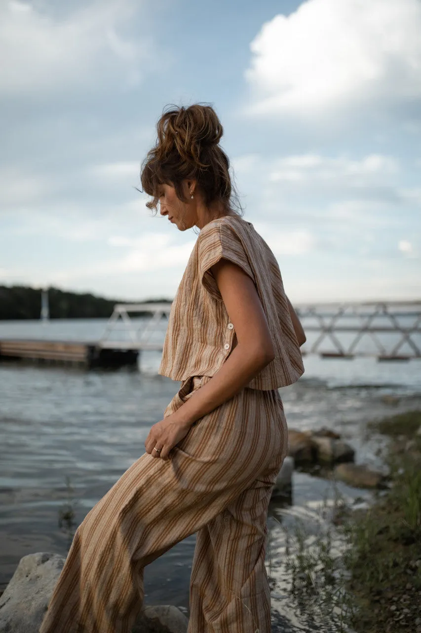 Katie Handwoven Cotton Set in Mustard and Cream Stripe - M Pants and XL Set