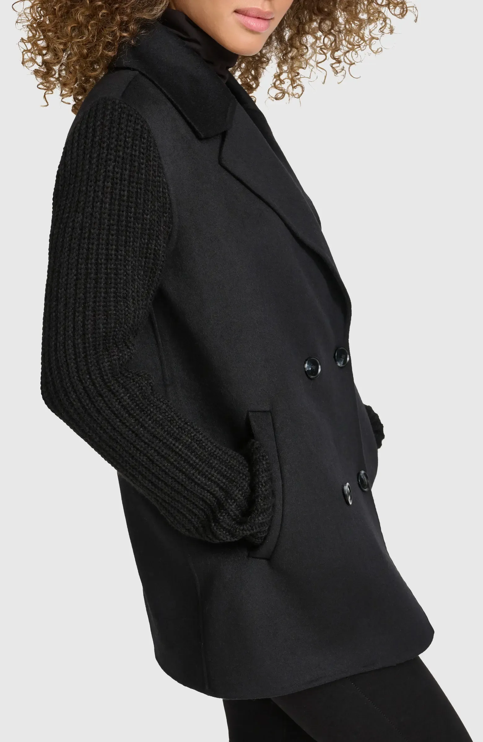 Kenneth Cole Double Breasted Double Face Wool Peacoat with Shaker Knit Sleeves - Black