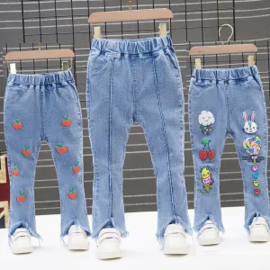 Kids Girls Denim Jeans Spring Autumn Pants Elastic Waistband Casual Bottom Long Pants - GJN0162