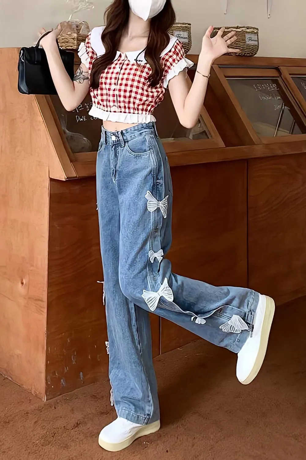 KittenAlarm - High Waist Cute Lace Bow Long Jeans Pants