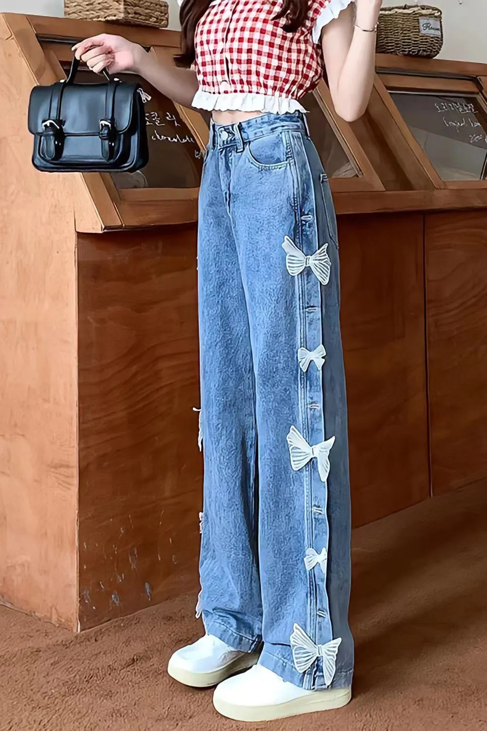 KittenAlarm - High Waist Cute Lace Bow Long Jeans Pants