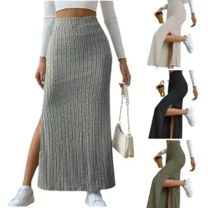 Knitted Long High Waist Slit Skirt