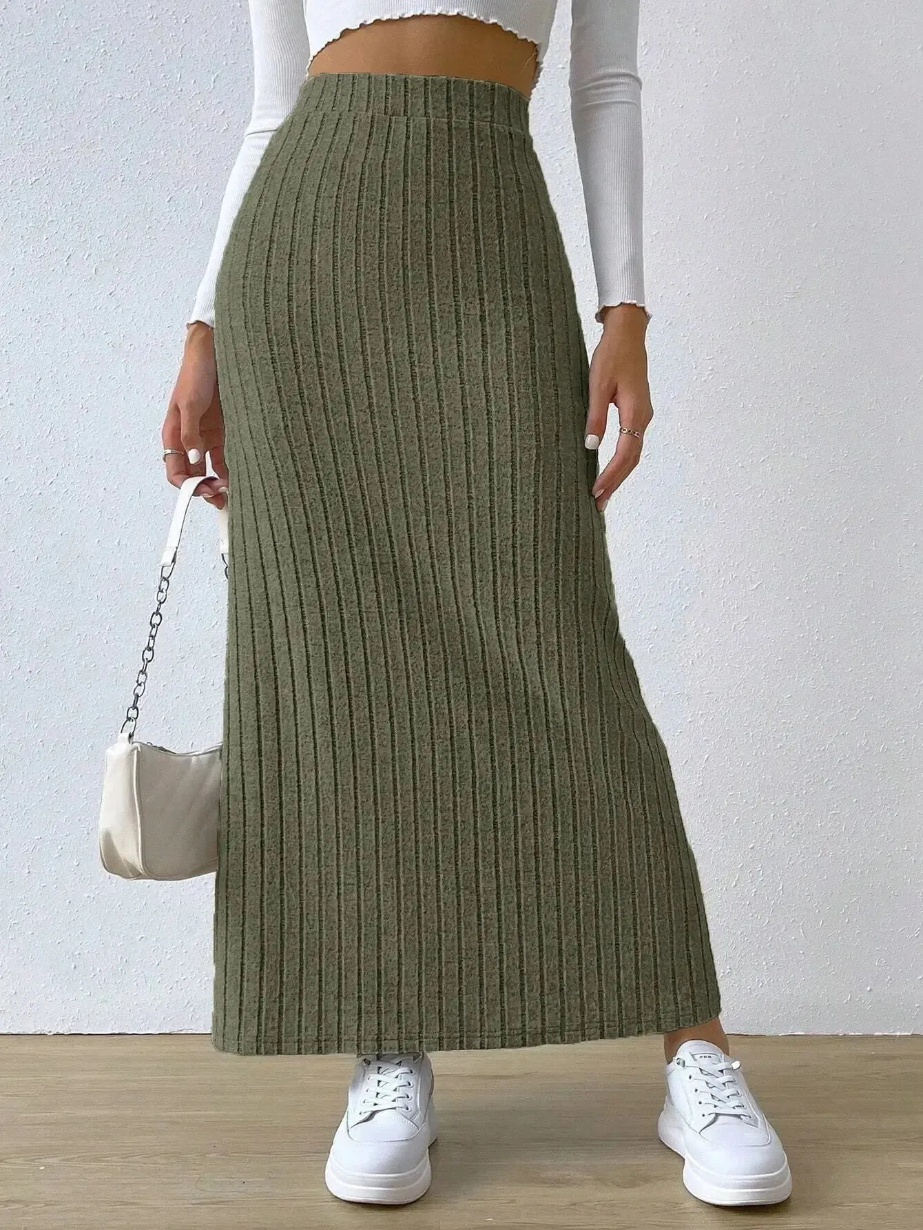 Knitted Long High Waist Slit Skirt