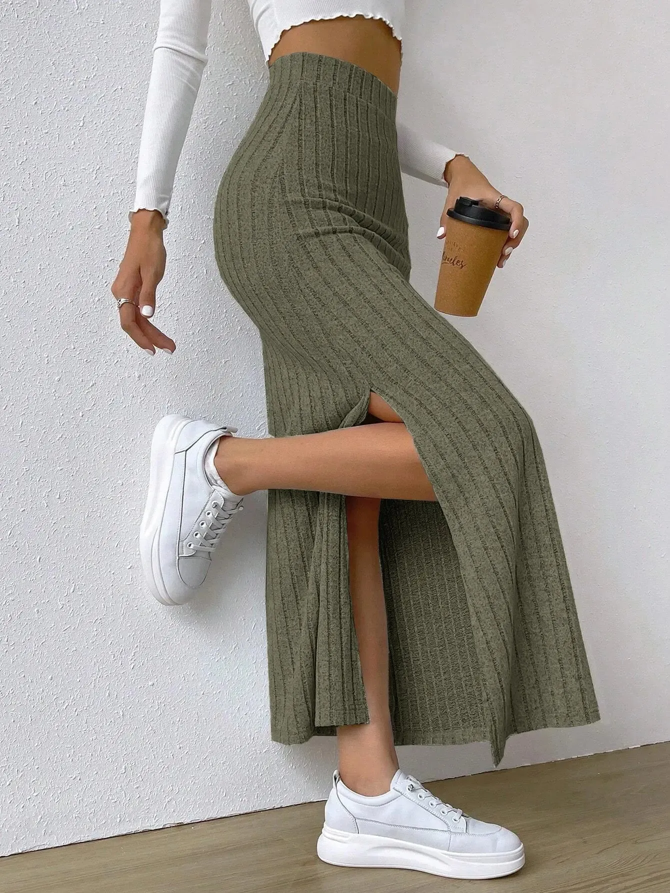 Knitted Long High Waist Slit Skirt