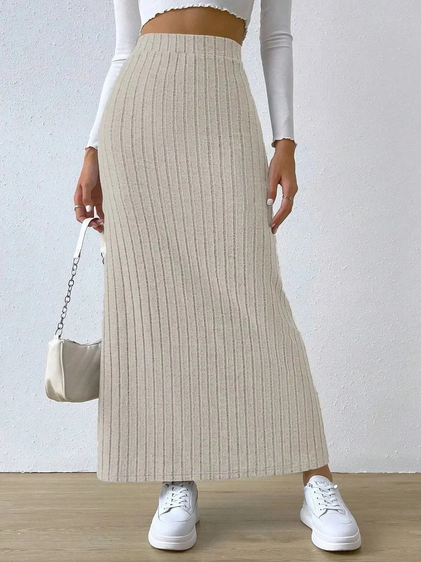 Knitted Long High Waist Slit Skirt