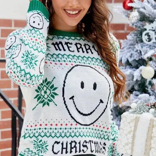 Laila Smiley Face Snow Flakes Pattern Sweater