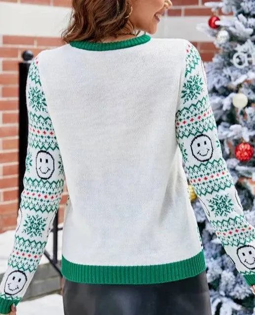 Laila Smiley Face Snow Flakes Pattern Sweater