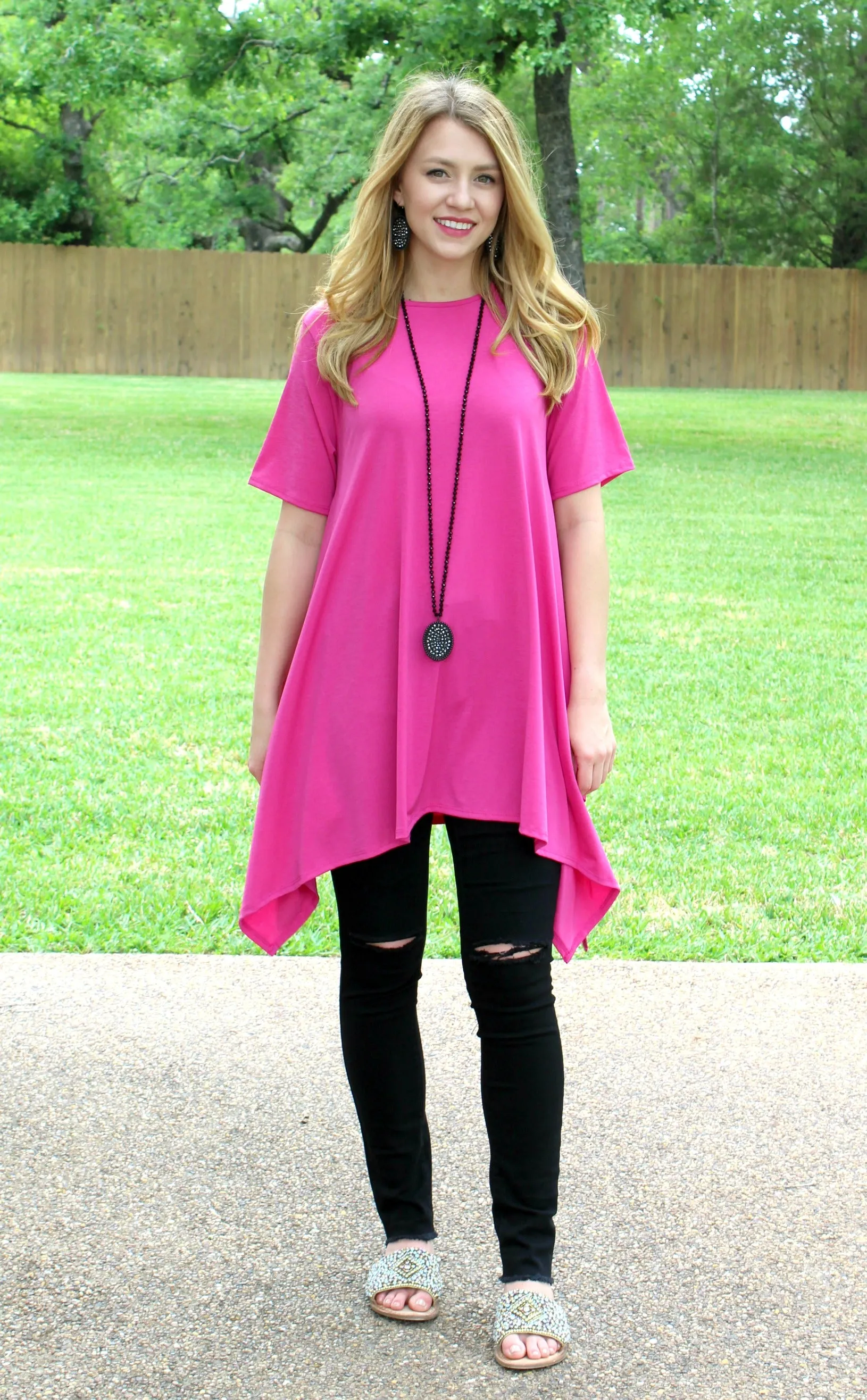 Last Chance Size Small | Not A Doubt Asymmetrical Hemline Tunic in Hot Pink | ONLY 1 LEFT!