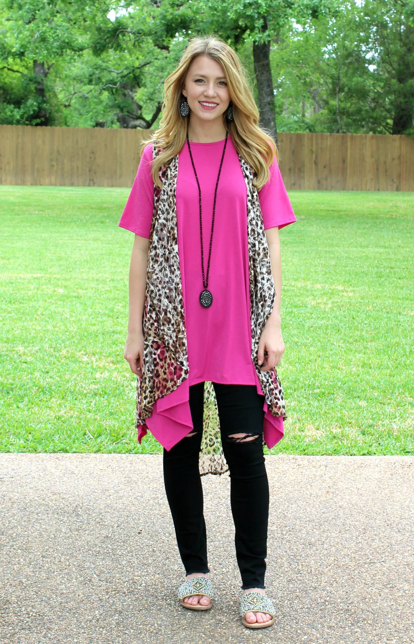 Last Chance Size Small | Not A Doubt Asymmetrical Hemline Tunic in Hot Pink | ONLY 1 LEFT!