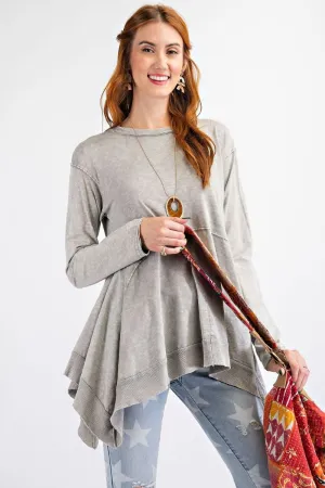 Long sleeve cotton slub mineral wash sharkbite hem tunic top