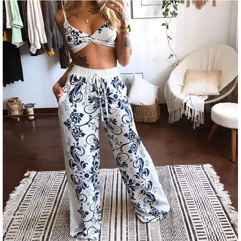 LVSANW 2Pcs Suit Summer Tracksuit Sets Womens Outfits Boho Beach Style Print Underwear Loose Wide Leg Pants Ropa Mujer Подходить New