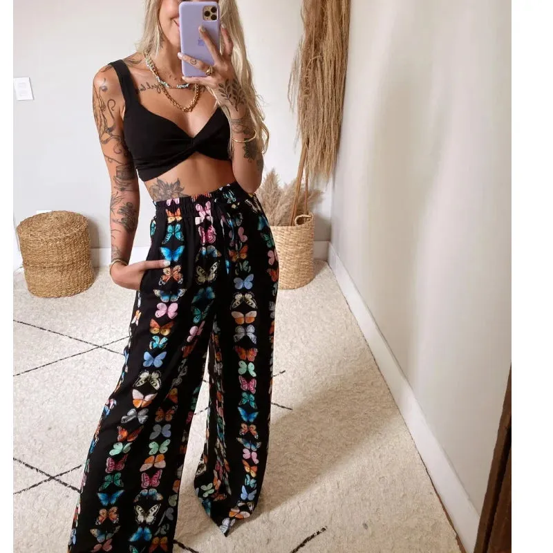 LVSANW 2Pcs Suit Summer Tracksuit Sets Womens Outfits Boho Beach Style Print Underwear Loose Wide Leg Pants Ropa Mujer Подходить New