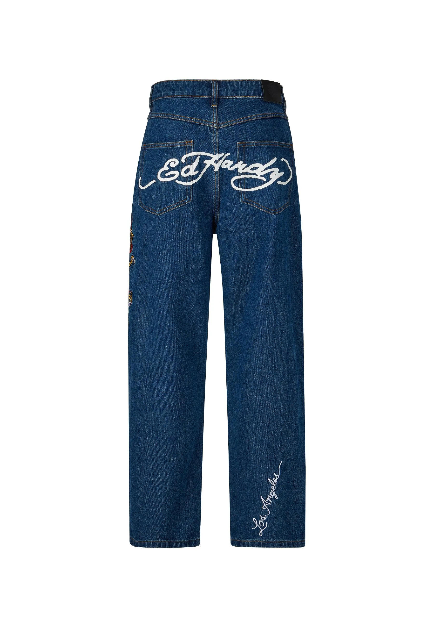 Mens Battle-Dragon Tattoo Denim Trousers Baggy Jeans - Indigo