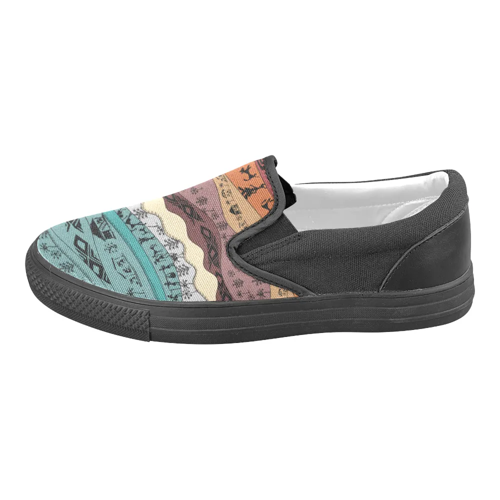 Men's Big Size Hued Waves Tribal Print Slip-on Canvas Shoes