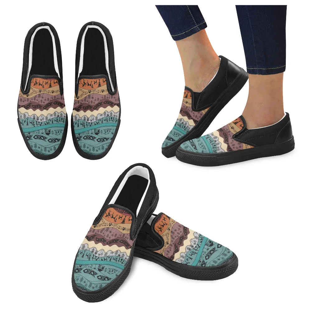 Men's Big Size Hued Waves Tribal Print Slip-on Canvas Shoes