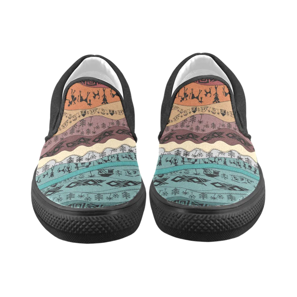 Men's Big Size Hued Waves Tribal Print Slip-on Canvas Shoes